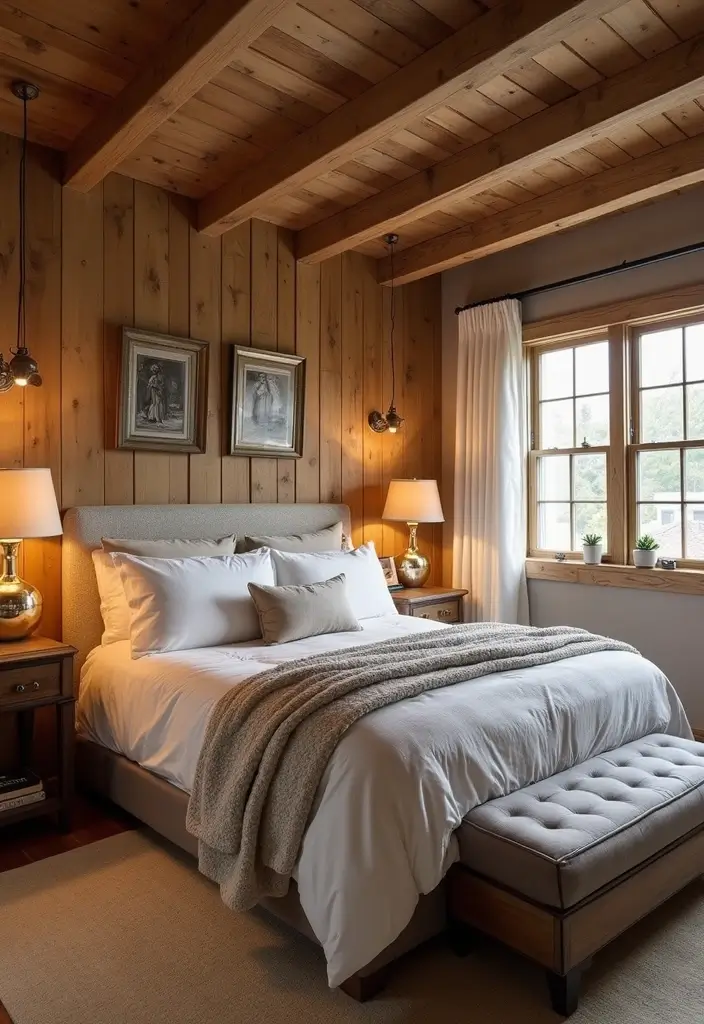 27 Farmhouse Bedroom Decor Ideas That Feel Fresh and Country Chic - 14. Warm Metallic Accents