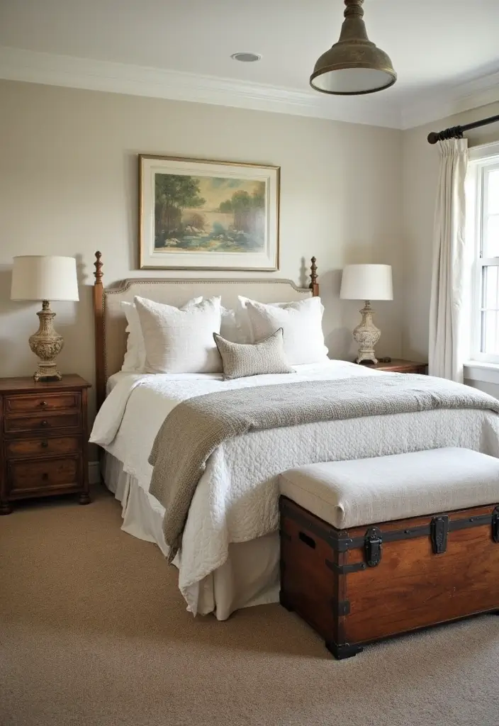 27 Farmhouse Bedroom Decor Ideas That Feel Fresh and Country Chic - 19. Vintage Trunks and Bins