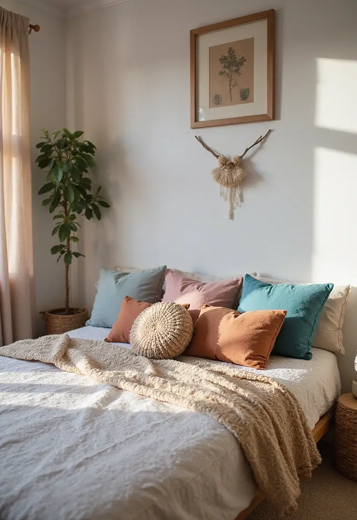 28 Boho Style Bedroom Ideas That Feel Effortless and Free-Spirited - 23. Playful Pillows