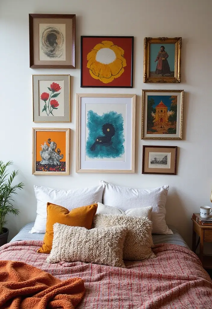 28 Boho Style Bedroom Ideas That Feel Effortless and Free-Spirited - 3. Eclectic Artwork