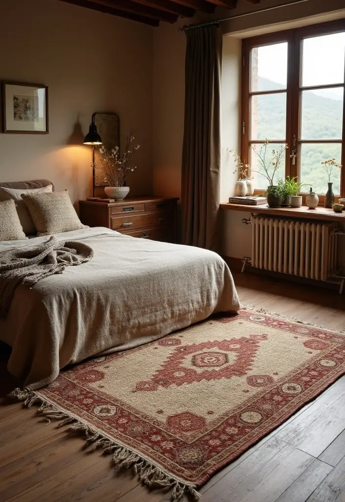 28 Rustic Brown Bedroom Ideas That Bring Natural Warmth - 13. Vintage Rugs for Comfort