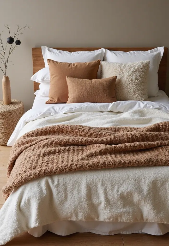 28 Rustic Brown Bedroom Ideas That Bring Natural Warmth - 2. Layered Textures for Cozy Warmth