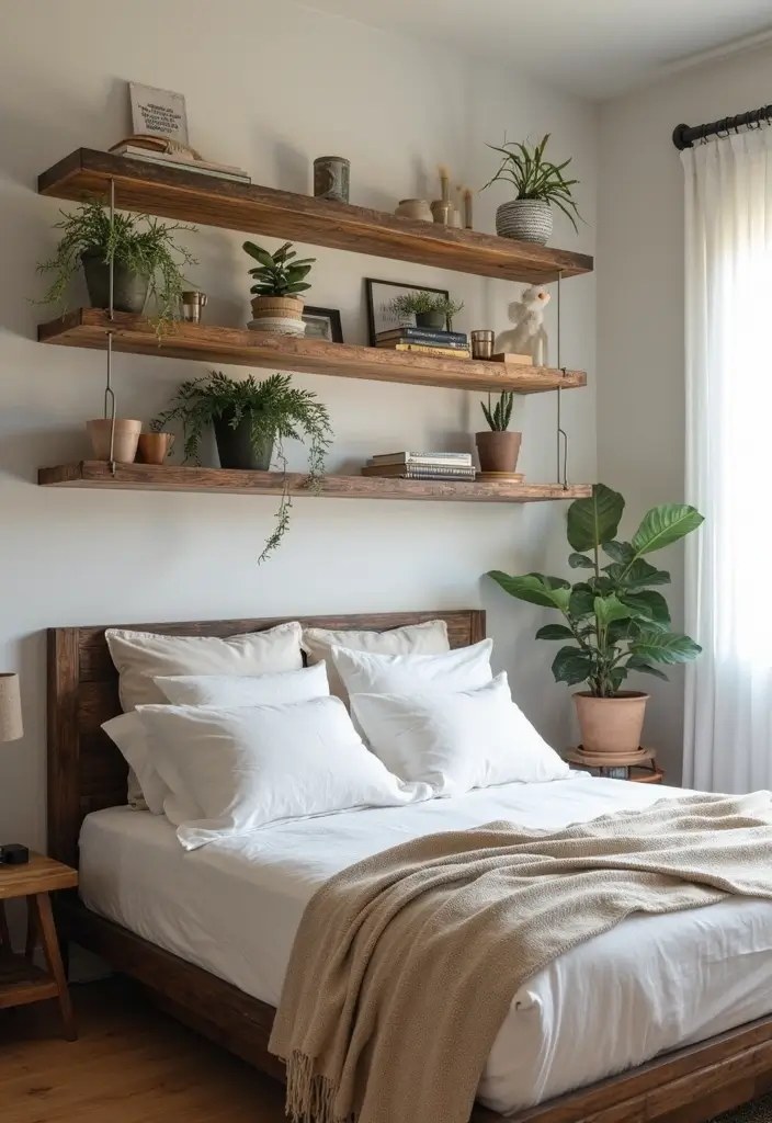 28 Rustic Brown Bedroom Ideas That Bring Natural Warmth - 22. Simple Shelving Solutions