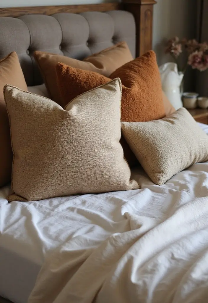 28 Rustic Brown Bedroom Ideas That Bring Natural Warmth - 23. Cozy Throw Pillows