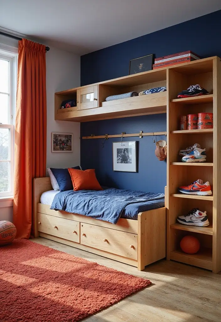 28 Small Kids Bedroom Ideas for Boys That Are Playful & Organized - 17. Sporty Spirit: Team Colors and Gear