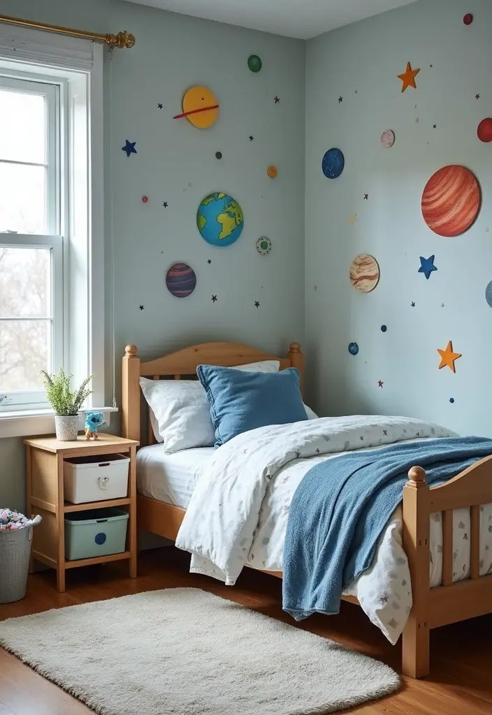 28 Small Kids Bedroom Ideas for Boys That Are Playful & Organized - 2. Space Explorer: Cosmic Wall Decals