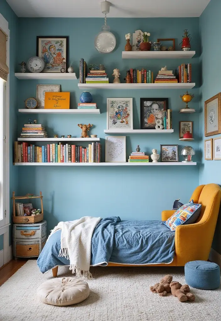 28 Small Kids Bedroom Ideas for Boys That Are Playful & Organized - 8. Creative Wall Shelves