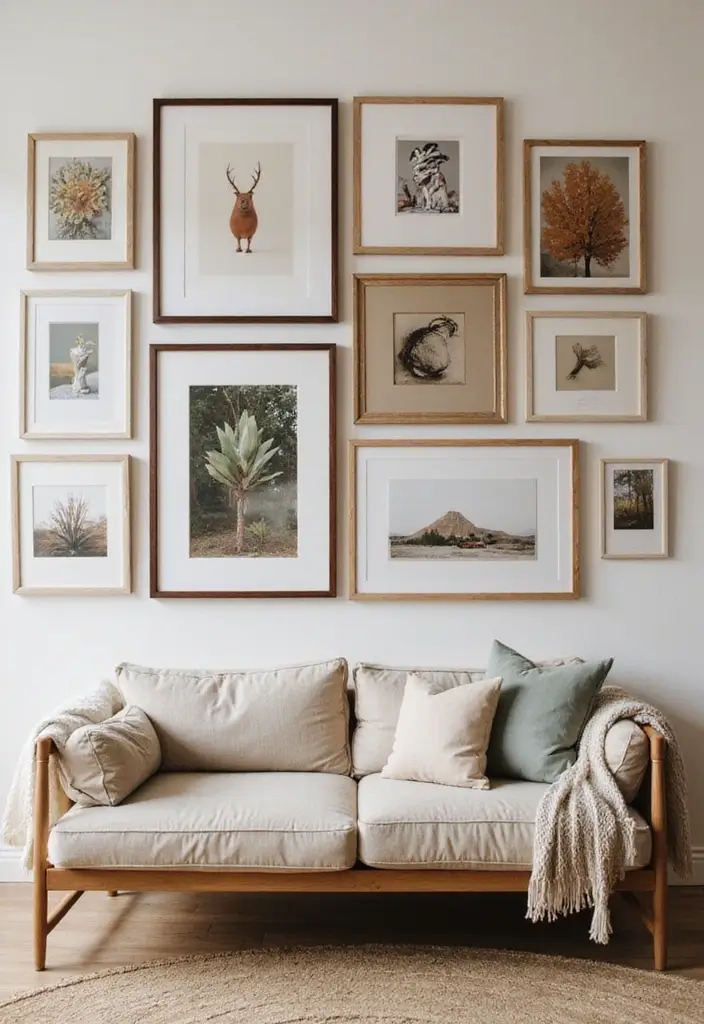 29 Earth Tone Bedroom Ideas That Feel Warm, Calm & Natural - 13. Eclectic Gallery Wall