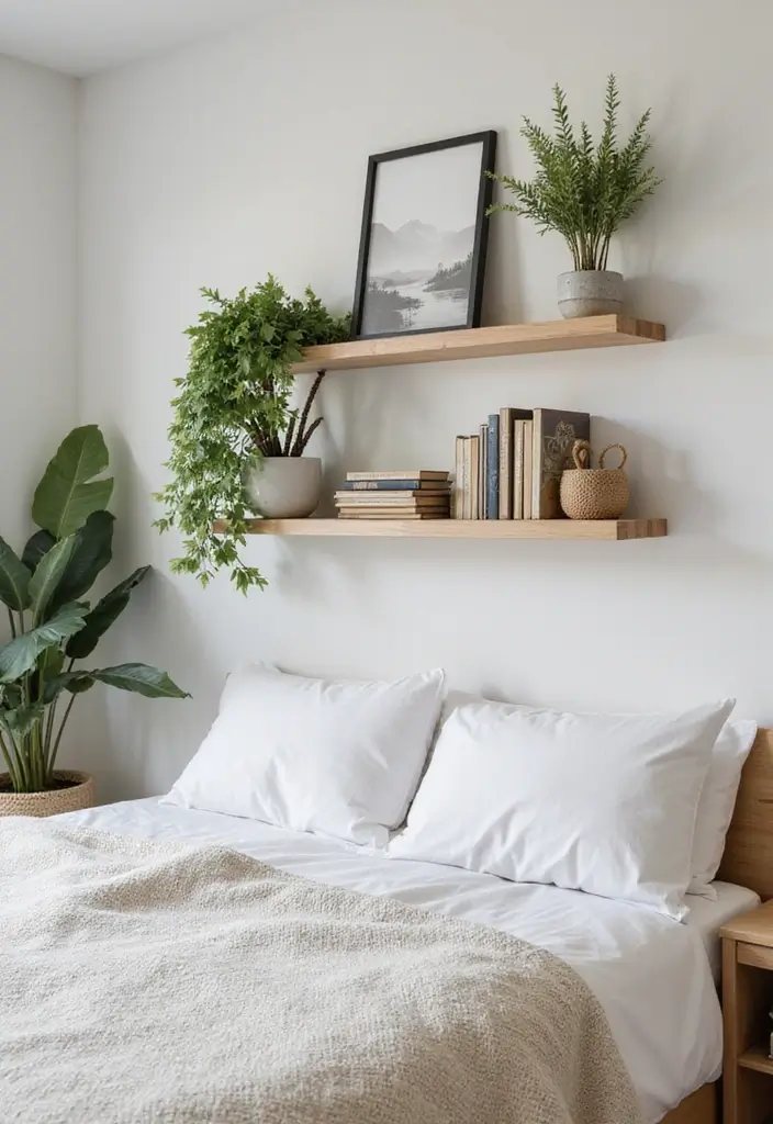29 Earth Tone Bedroom Ideas That Feel Warm, Calm & Natural - 20. Wall-Mounted Shelves