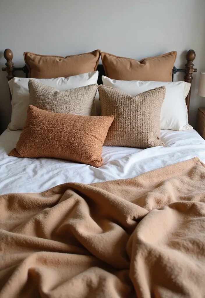 29 Earth Tone Bedroom Ideas That Feel Warm, Calm & Natural - 21. Earthy Accents with Throw Pillows