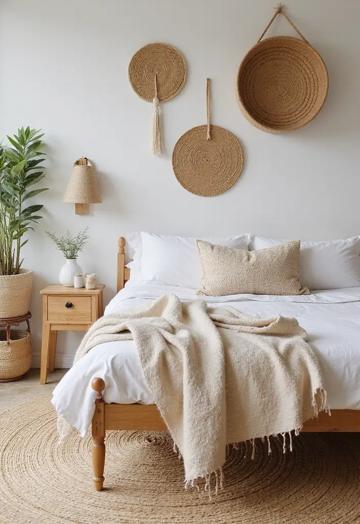 29 Earth Tone Bedroom Ideas That Feel Warm, Calm & Natural - 3. Woven Fiber Decor
