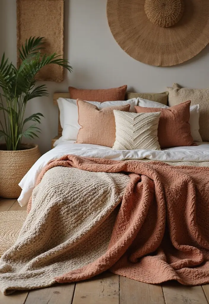29 Earth Tone Bedroom Ideas That Feel Warm, Calm & Natural - 8. Handcrafted Textiles