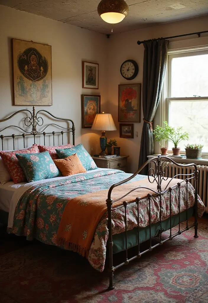 29 Metal Bed Frame Bedroom Ideas Vintage That Add Classic Charm - 10. Vintage Metal Bed with Colorful Linens