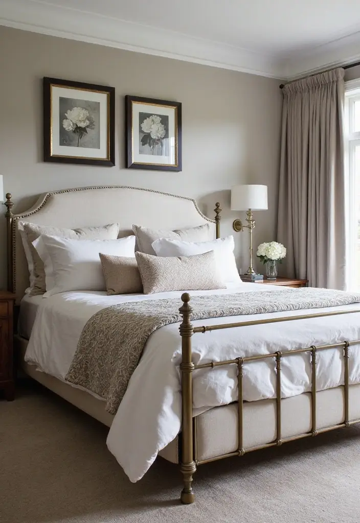 29 Metal Bed Frame Bedroom Ideas Vintage That Add Classic Charm - 11. Elegant Upholstered Metal Bed