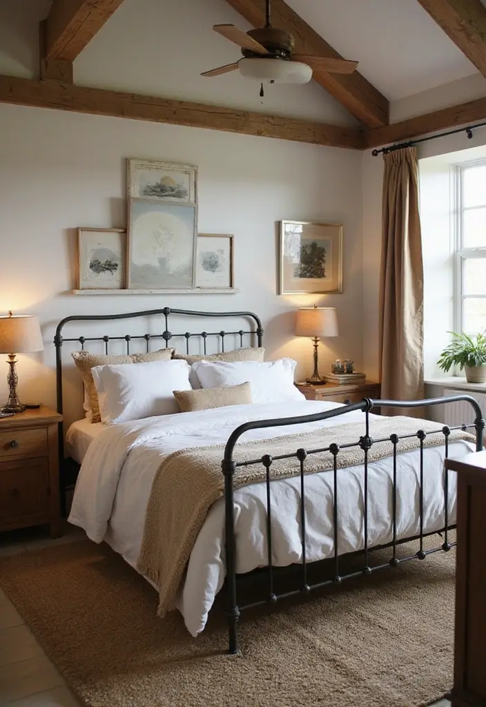 29 Metal Bed Frame Bedroom Ideas Vintage That Add Classic Charm - 18. Farmhouse Metal Bed with Vintage Appeal