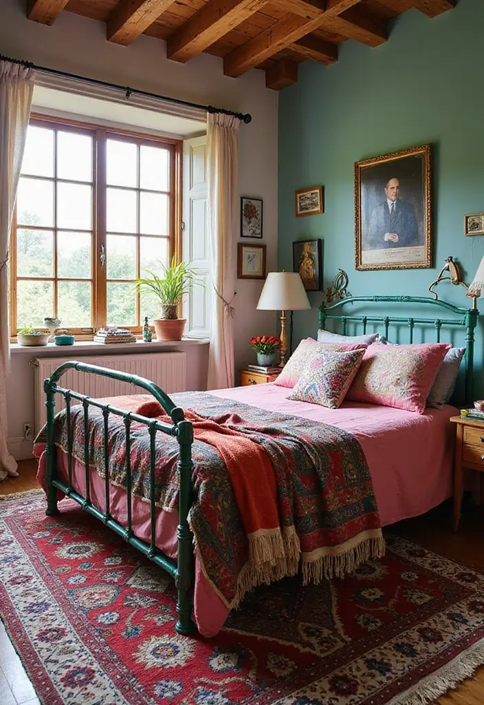 29 Metal Bed Frame Bedroom Ideas Vintage That Add Classic Charm - 19. Colorful Boho Metal Bed Frame