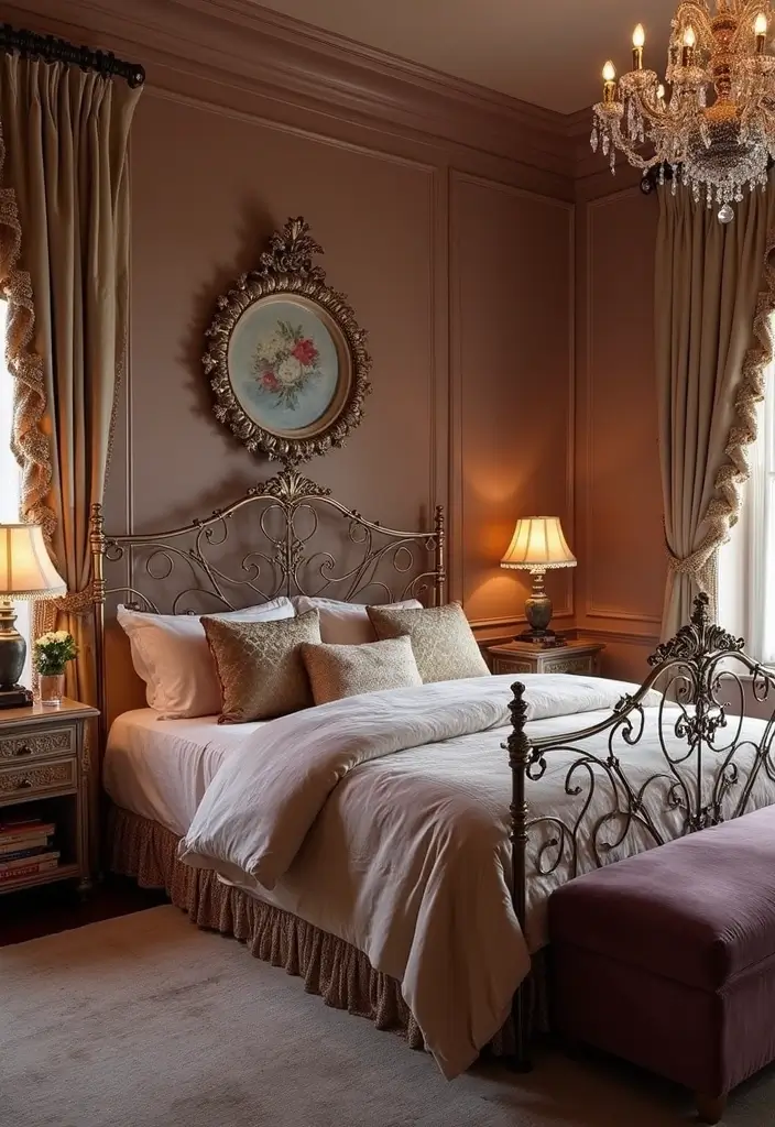 29 Metal Bed Frame Bedroom Ideas Vintage That Add Classic Charm - 22. Vintage Glam Metal Bed Frame