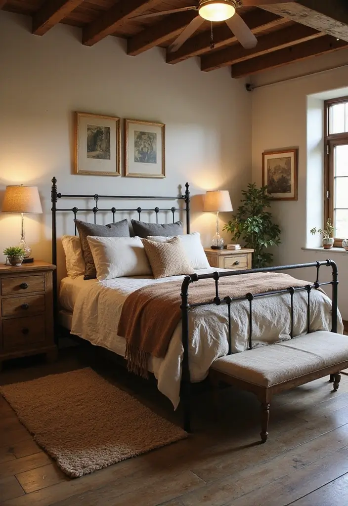29 Metal Bed Frame Bedroom Ideas Vintage That Add Classic Charm - 26. Vintage Metal Bed Frame with Rustic Decor