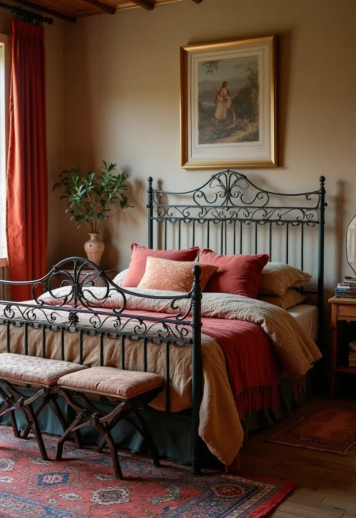 29 Metal Bed Frame Bedroom Ideas Vintage That Add Classic Charm - 27. Vintage Chic with Layered Textiles