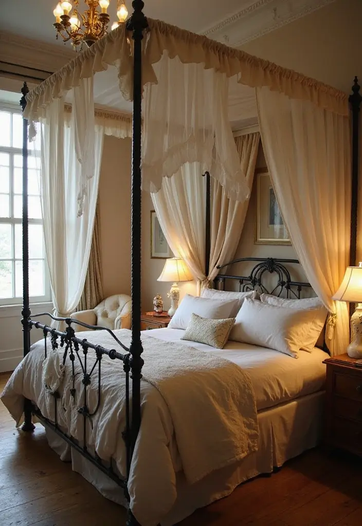 29 Metal Bed Frame Bedroom Ideas Vintage That Add Classic Charm - 6. Antique Iron Canopy Bed