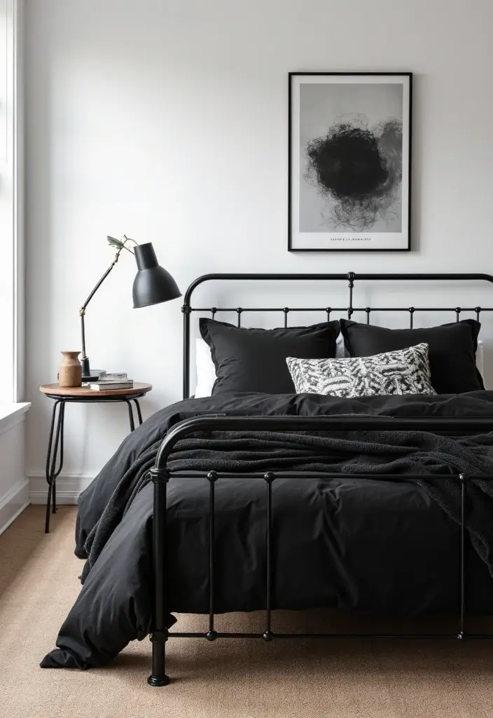 29 Metal Bed Frame Bedroom Ideas Vintage That Add Classic Charm - 7. Classic Black and White Scheme