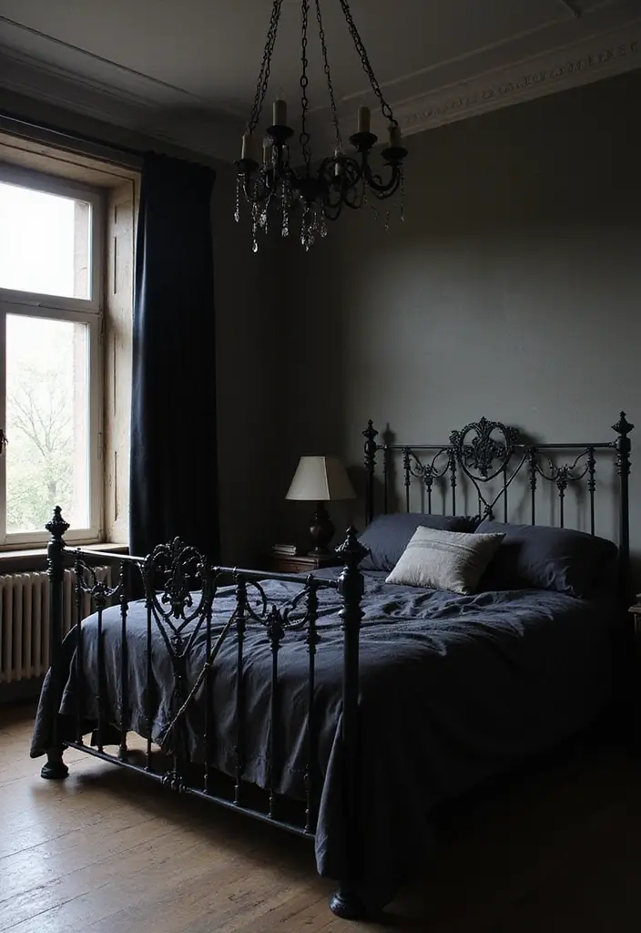 29 Metal Bed Frame Bedroom Ideas Vintage That Add Classic Charm - 9. Gothic Black Frame with Ornate Details
