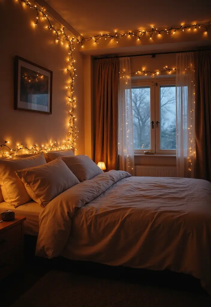 29 Romantic Bedroom Ideas for Him Birthday That Feel Personal & Cozy - 1. Soft Lighting with Fairy Lights