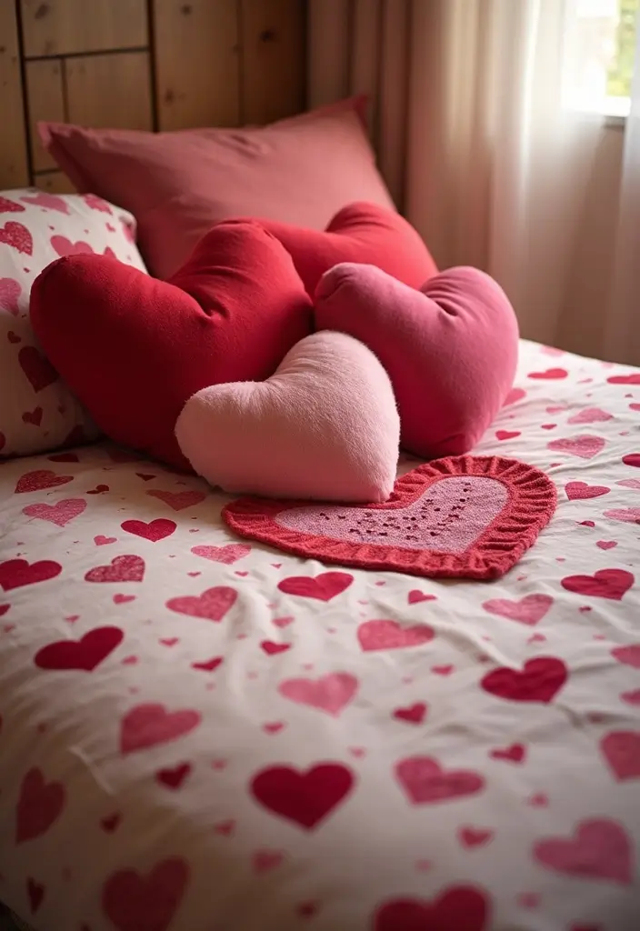 29 Romantic Bedroom Ideas for Him Birthday That Feel Personal & Cozy - 14. Romantic Bed Spread with Heart Arrangements