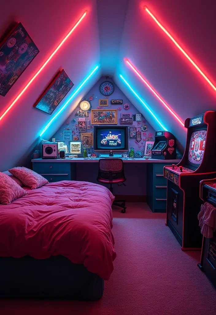 30 Attic Bedroom Ideas for Kids That Feel Magical and Fun - 25. Retro Arcade