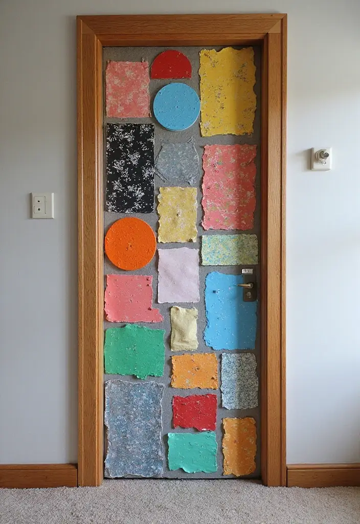 30 Bedroom Door Painting Ideas Creative & Unique - 15. Funky Collage Style