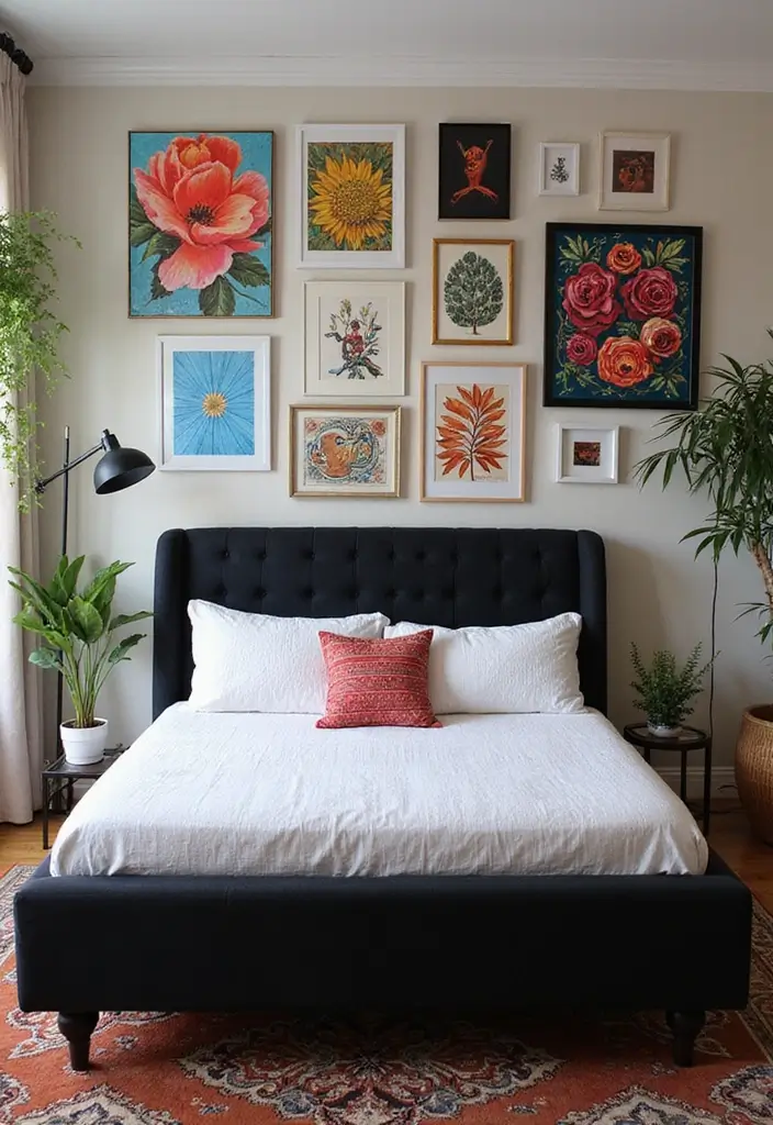 30 Black Bed Frame Bedroom Ideas That Look Strong & Stylish - 13. Artistic Flair