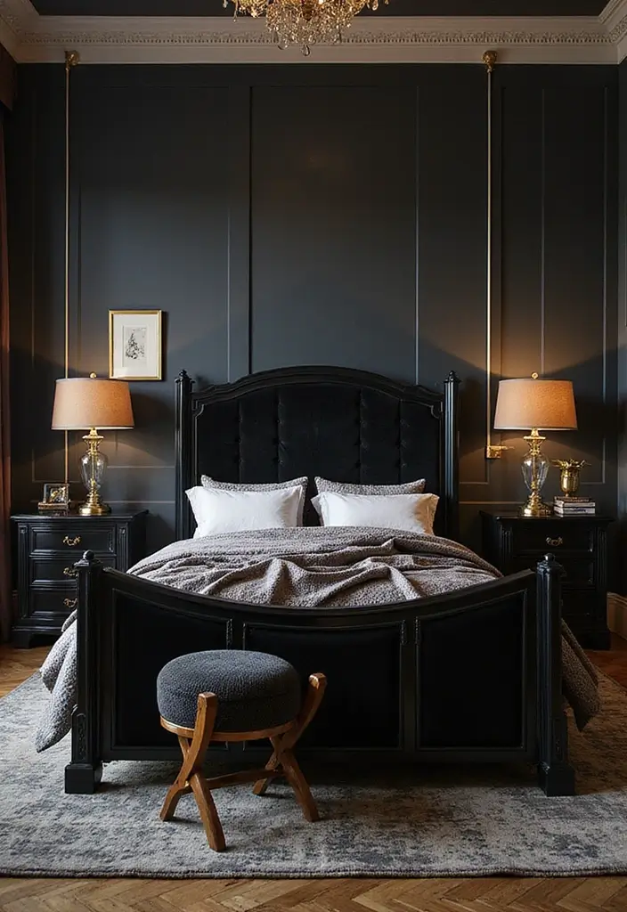 30 Black Bed Frame Bedroom Ideas That Look Strong & Stylish - 15. Art Deco Glam