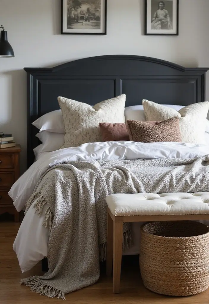 30 Black Bed Frame Bedroom Ideas That Look Strong & Stylish - 17. Layered Bedding Mastery