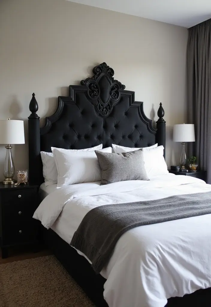 30 Black Bed Frame Bedroom Ideas That Look Strong & Stylish - 18. Statement Headboard