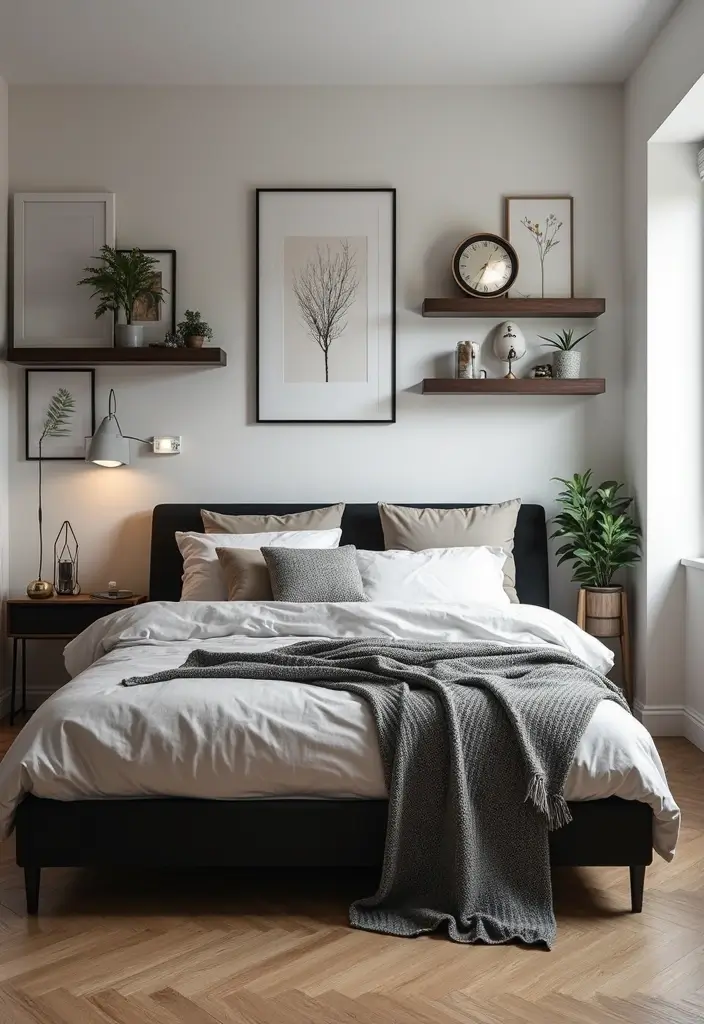 30 Black Bed Frame Bedroom Ideas That Look Strong & Stylish - 21. Wall-Mounted Decor