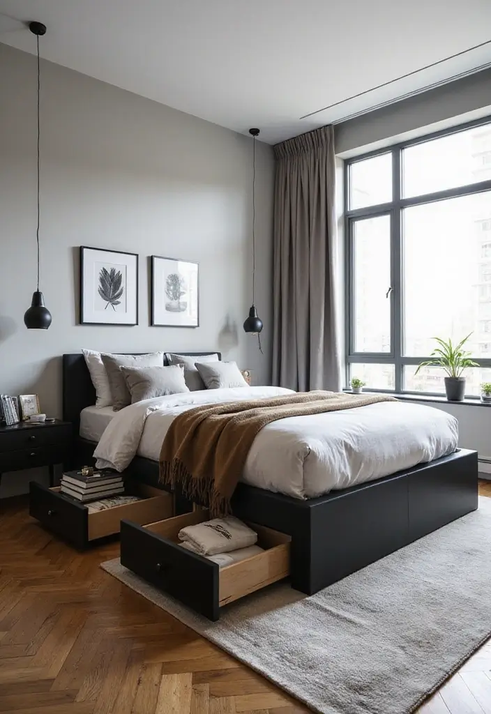 30 Black Bed Frame Bedroom Ideas That Look Strong & Stylish - 24. Smart Storage Solutions