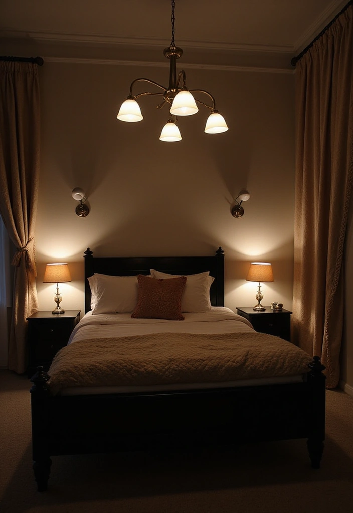 30 Black Bed Frame Bedroom Ideas That Look Strong & Stylish - 25. Layered Lighting