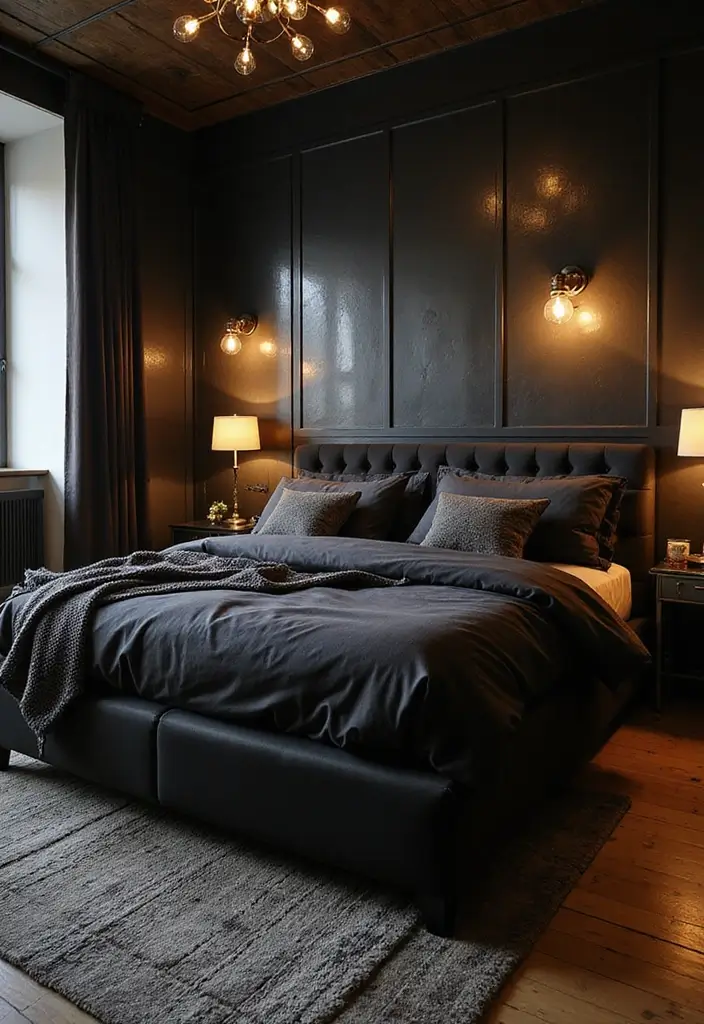 30 Black Bed Frame Bedroom Ideas That Look Strong & Stylish - 27. Artistic Lighting Fixtures
