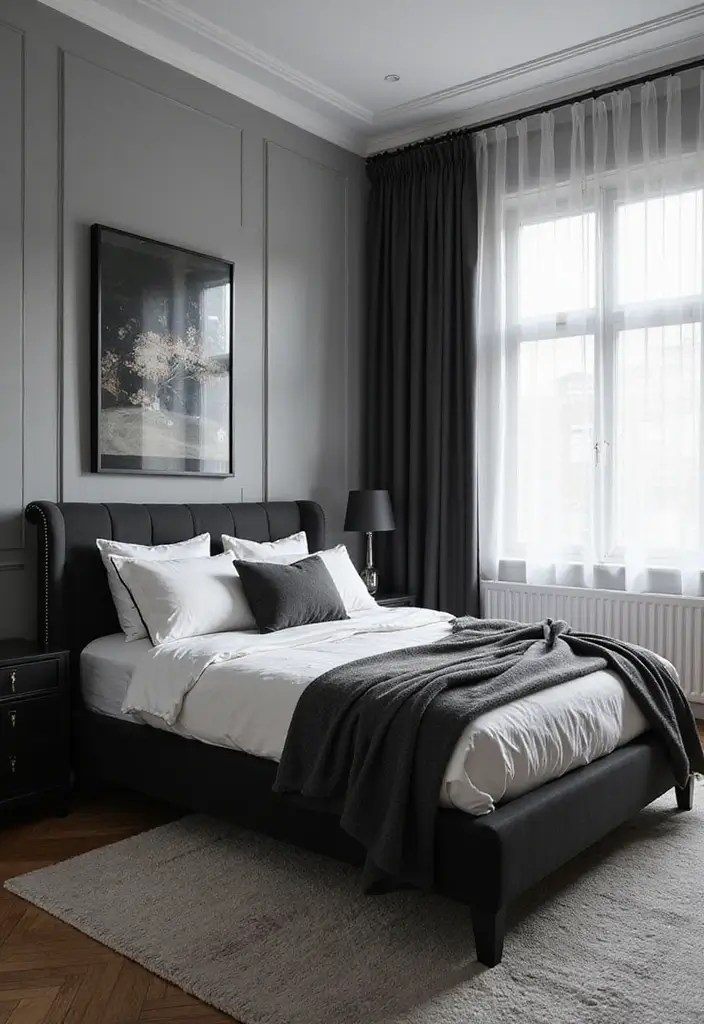 30 Black Bed Frame Bedroom Ideas That Look Strong & Stylish - 28. Monochrome Magic