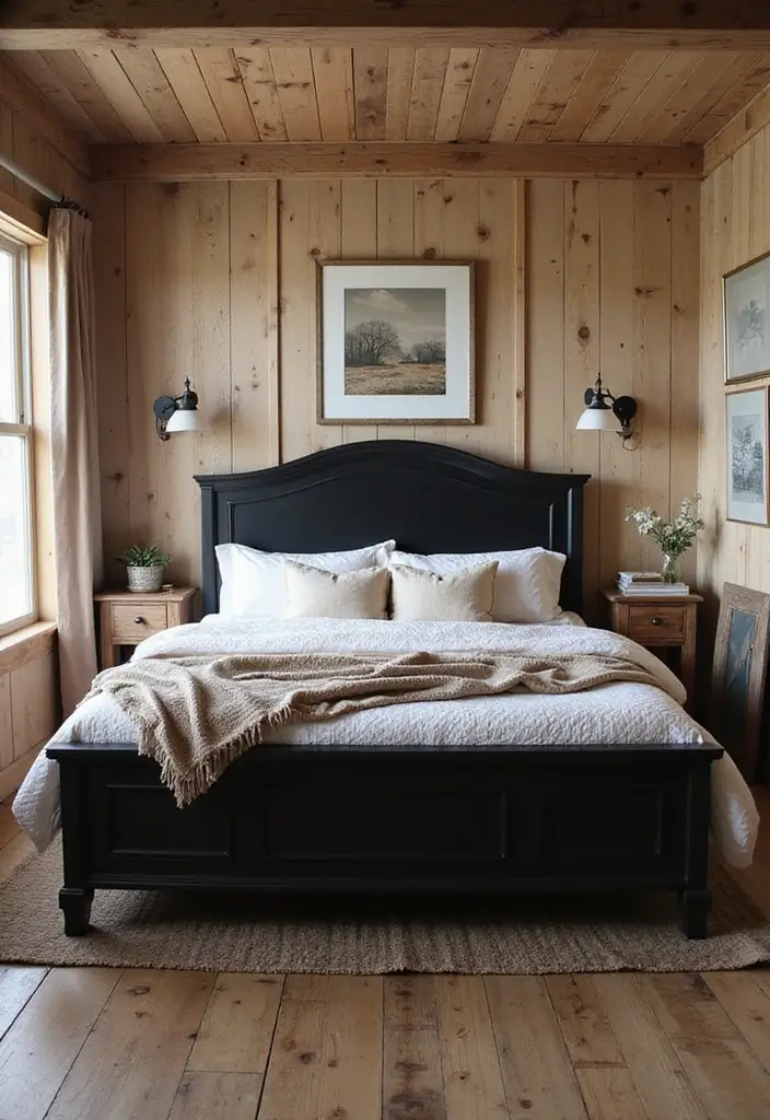 30 Black Bed Frame Bedroom Ideas That Look Strong & Stylish - 6. Rustic Farmhouse Feel