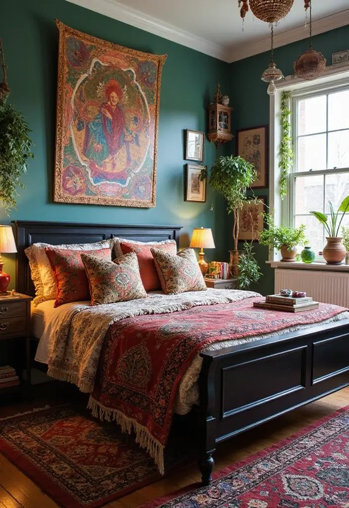 30 Black Bed Frame Bedroom Ideas That Look Strong & Stylish - 7. Chic Bohemian Retreat