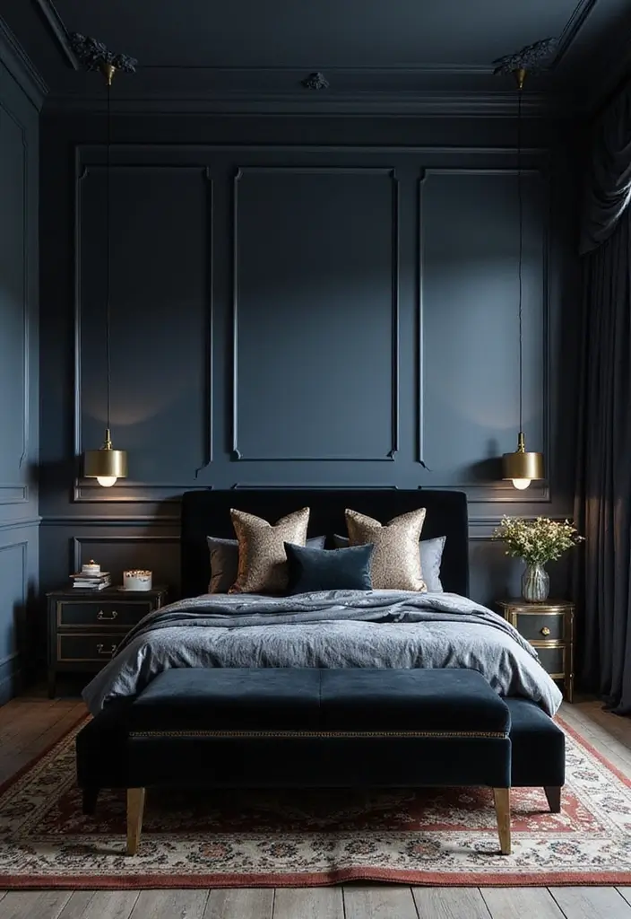 30 Blue and Black Bedroom Ideas That Mix Cool and Confidence - 1. Deep Navy Elegance