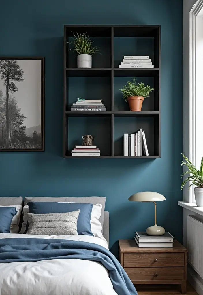 30 Blue and Black Bedroom Ideas That Mix Cool and Confidence - 16. Open Shelving Displays