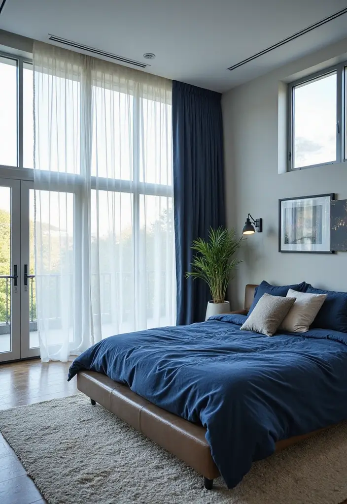 30 Blue and Black Bedroom Ideas That Mix Cool and Confidence - 17. Floor-to-Ceiling Windows