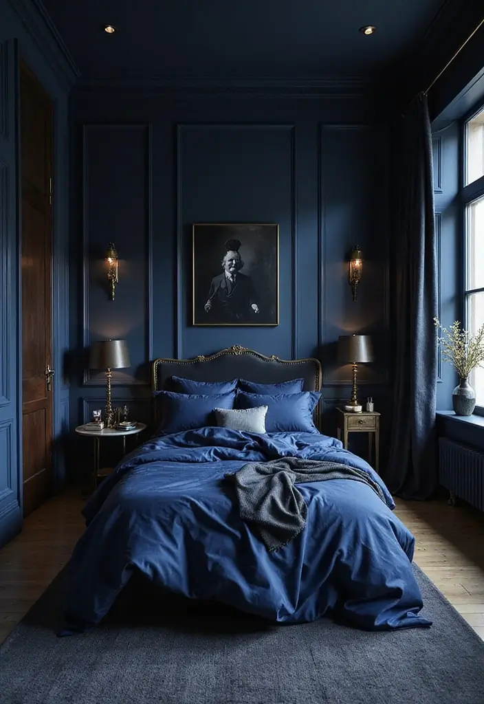 30 Blue and Black Bedroom Ideas That Mix Cool and Confidence - 19. Midnight Blue Accents