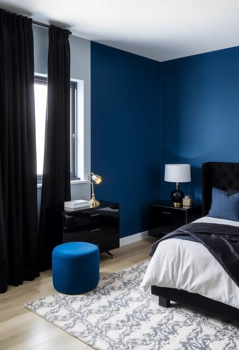 30 Blue and Black Bedroom Ideas That Mix Cool and Confidence - 2. Monochrome Magic