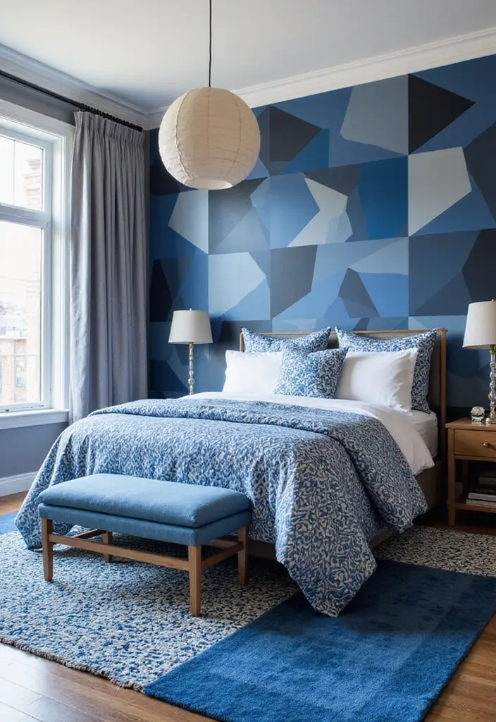 30 Blue and Black Bedroom Ideas That Mix Cool and Confidence - 20. Geometric Patterns
