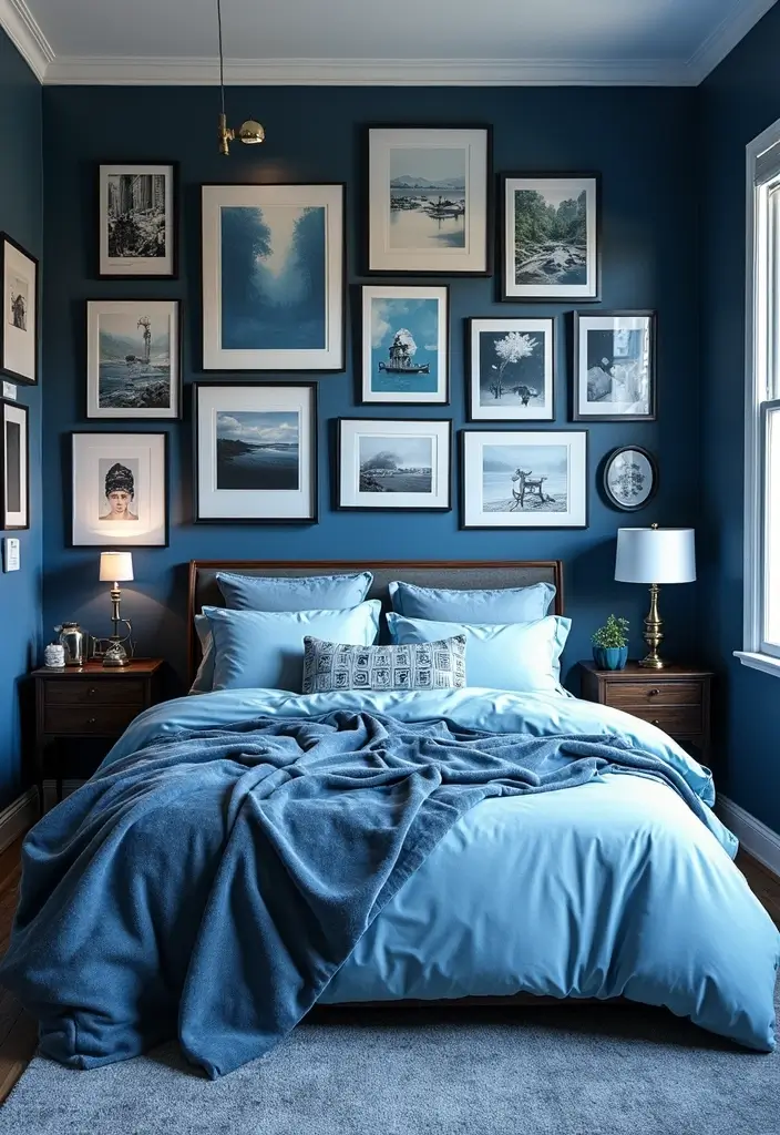 30 Blue and Black Bedroom Ideas That Mix Cool and Confidence - 21. Build a Gallery Wall