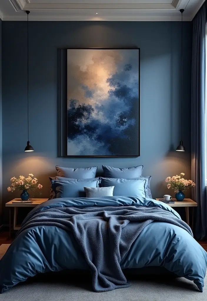 30 Blue and Black Bedroom Ideas That Mix Cool and Confidence - 24. Modern Abstract Artwork