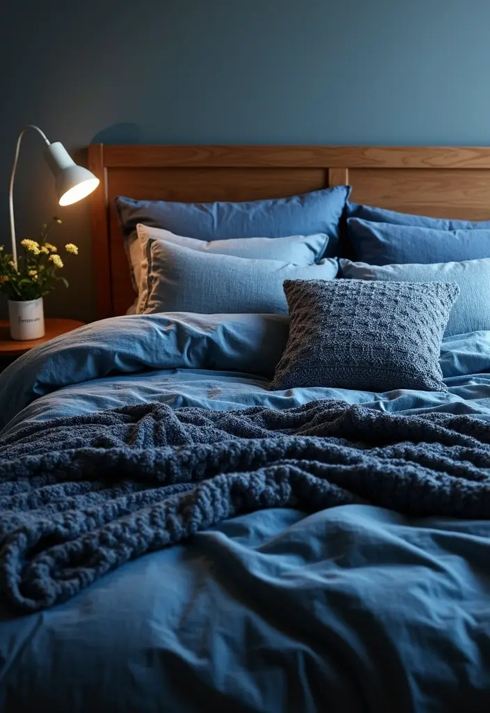 30 Blue and Black Bedroom Ideas That Mix Cool and Confidence - 25. Textured Bedding